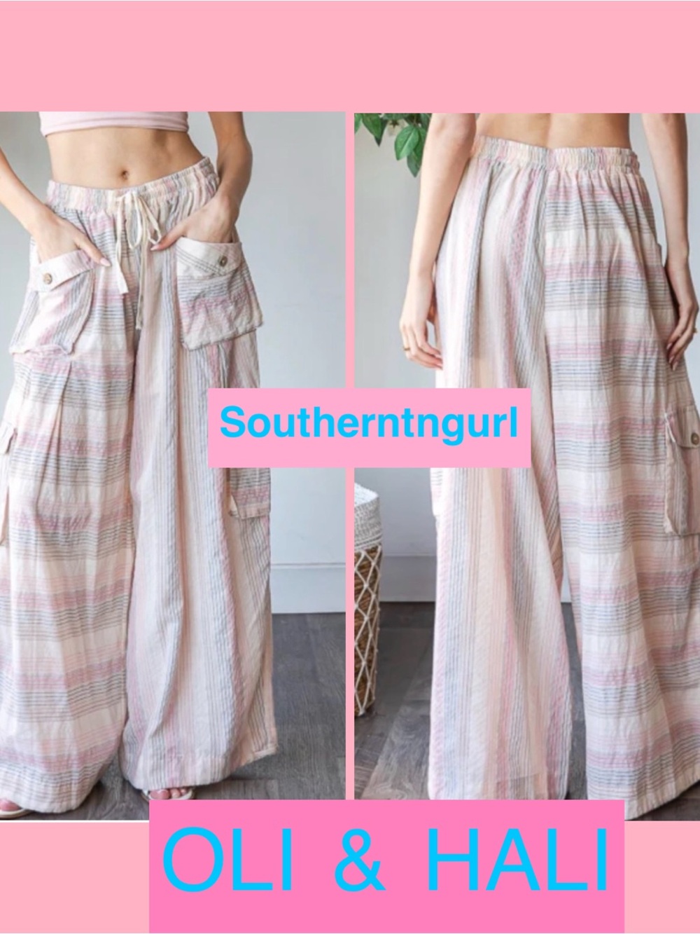 NWT  Oli & Hali Pastel Striped Wide Leg Cargo Pants